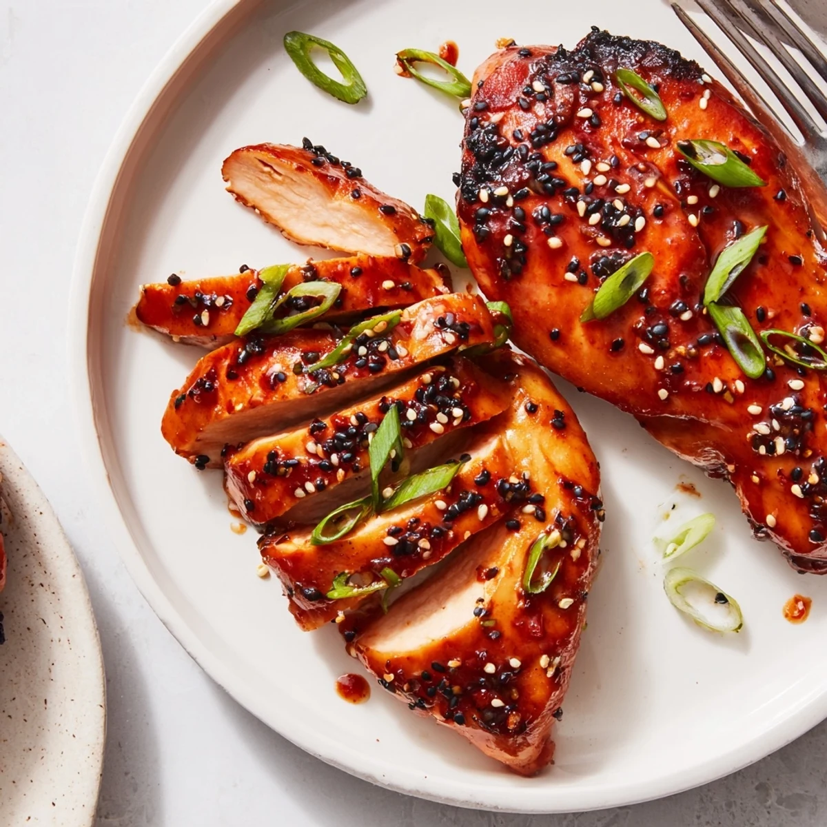 Warm Juicy Korean Chicken Thighs served over steamed rice with kimchi suggestion