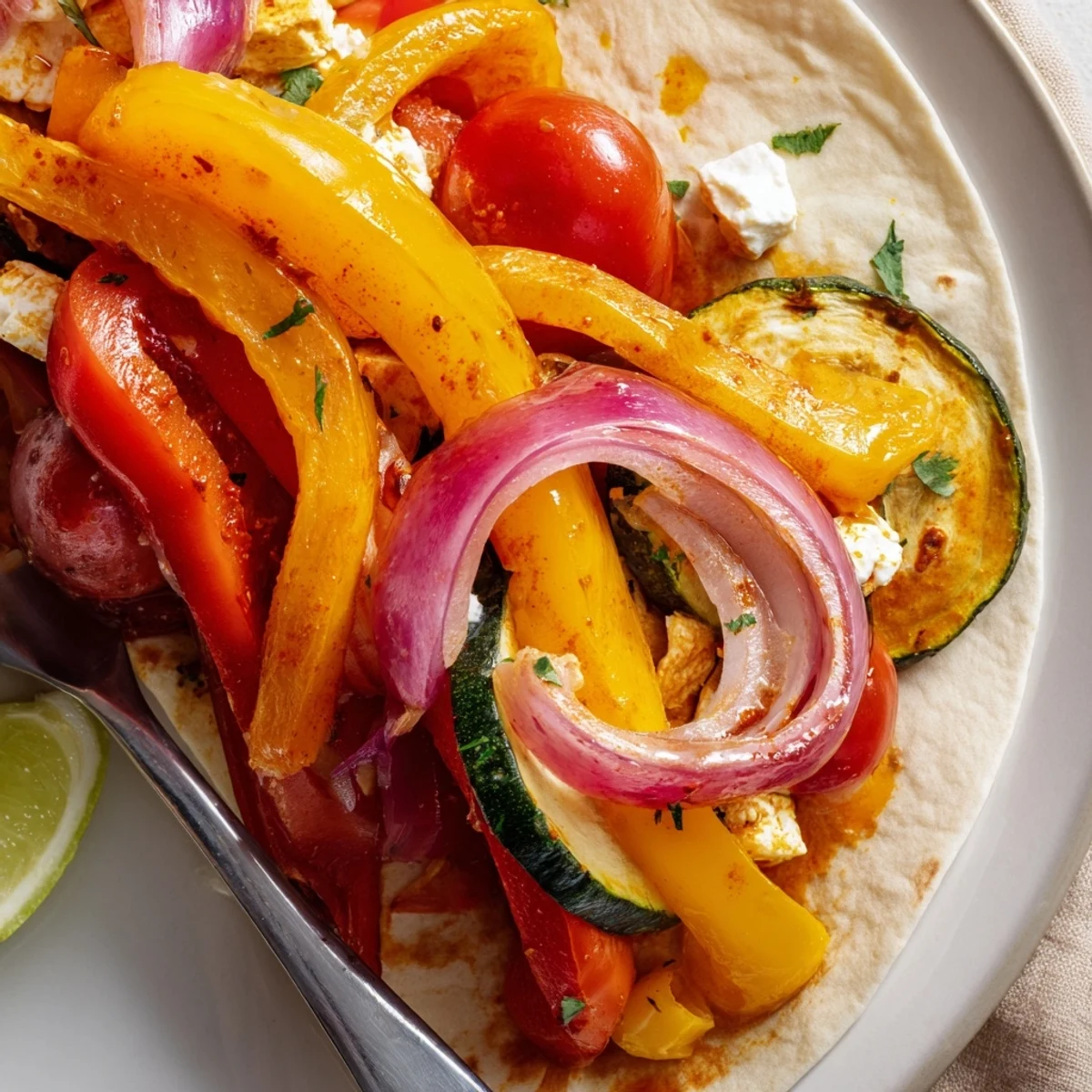 Tajin Feta Sheet Pan Fajitas roasting vibrant peppers and melting feta, lime-spritzed.
