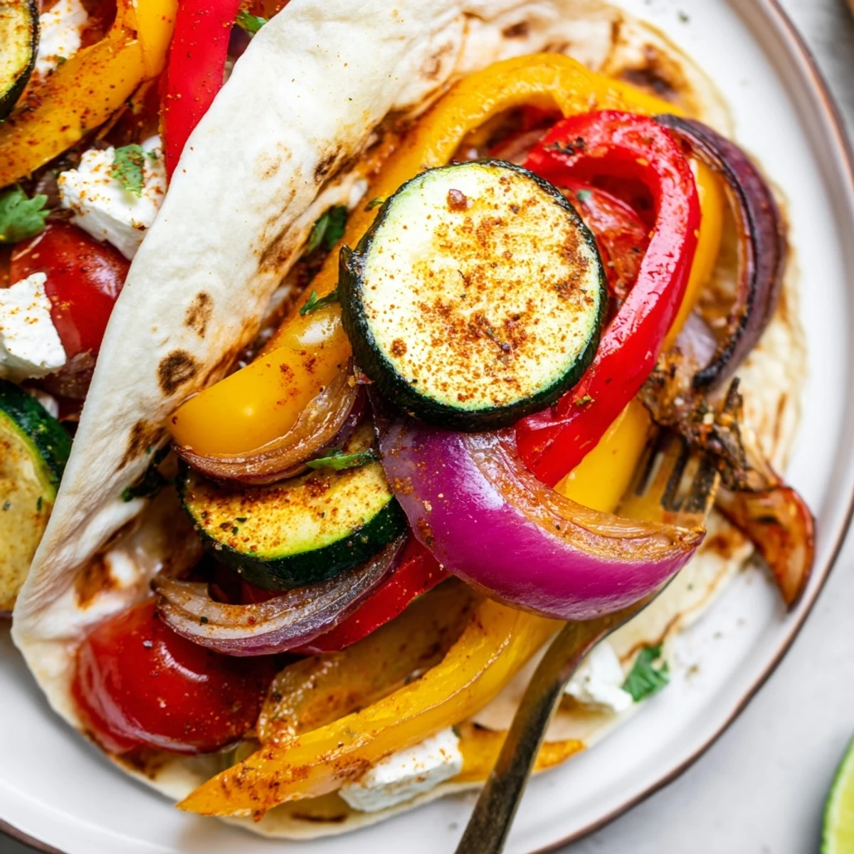 Warm Tajin Feta Sheet Pan Fajitas piled in tortillas, cilantro and lime.