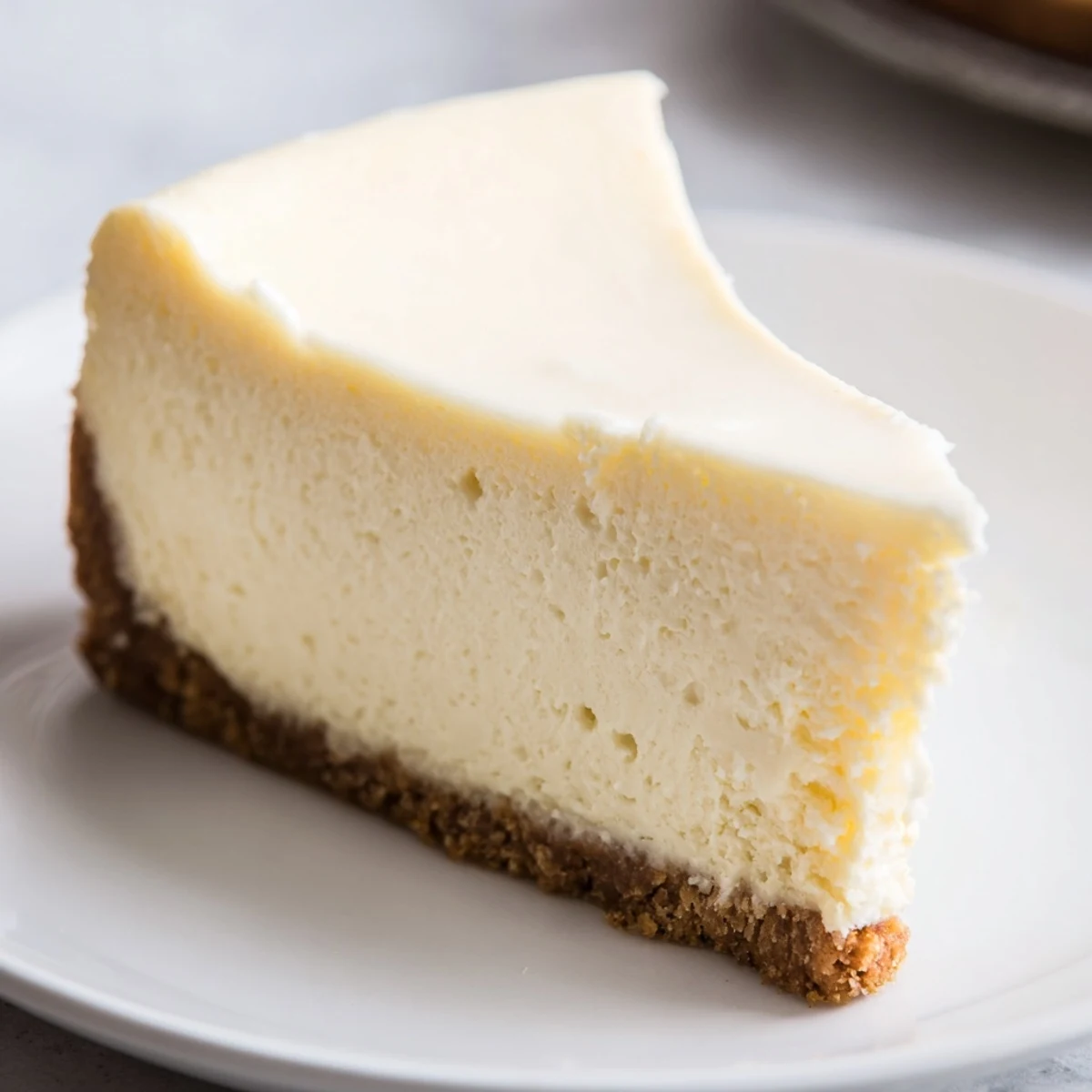 Slice of Classic Cheesecake on plate, creamy texture and lemon hint