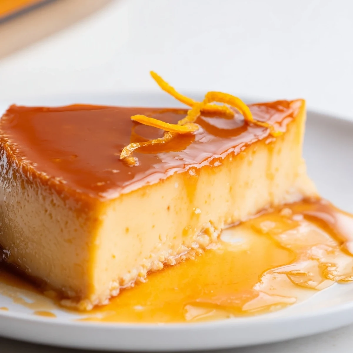 Flan Napolitano topped with glossy caramel, chilled slice on white plate