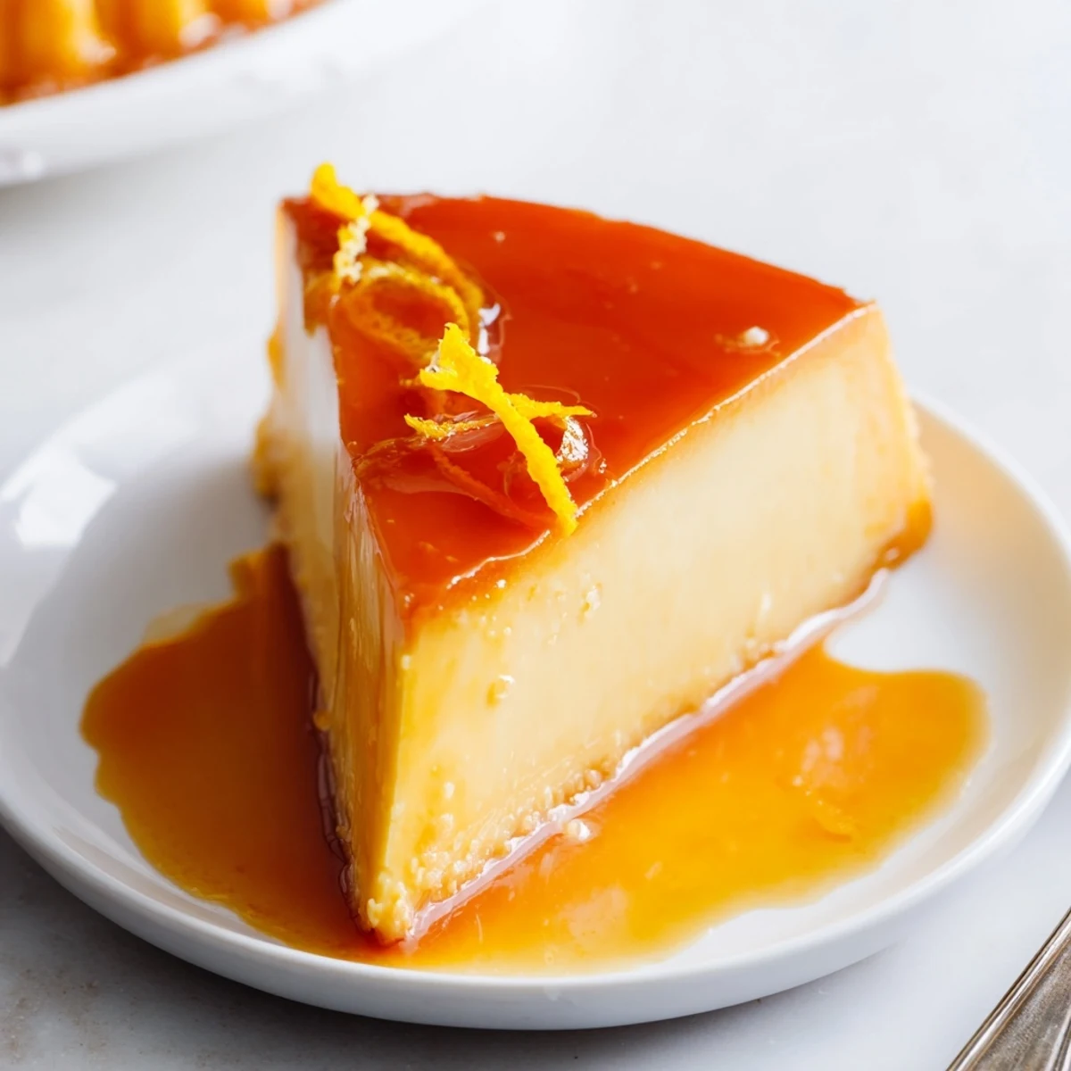 Creamy Flan Napolitano with orange zest, silky water bath texture and gleaming caramel