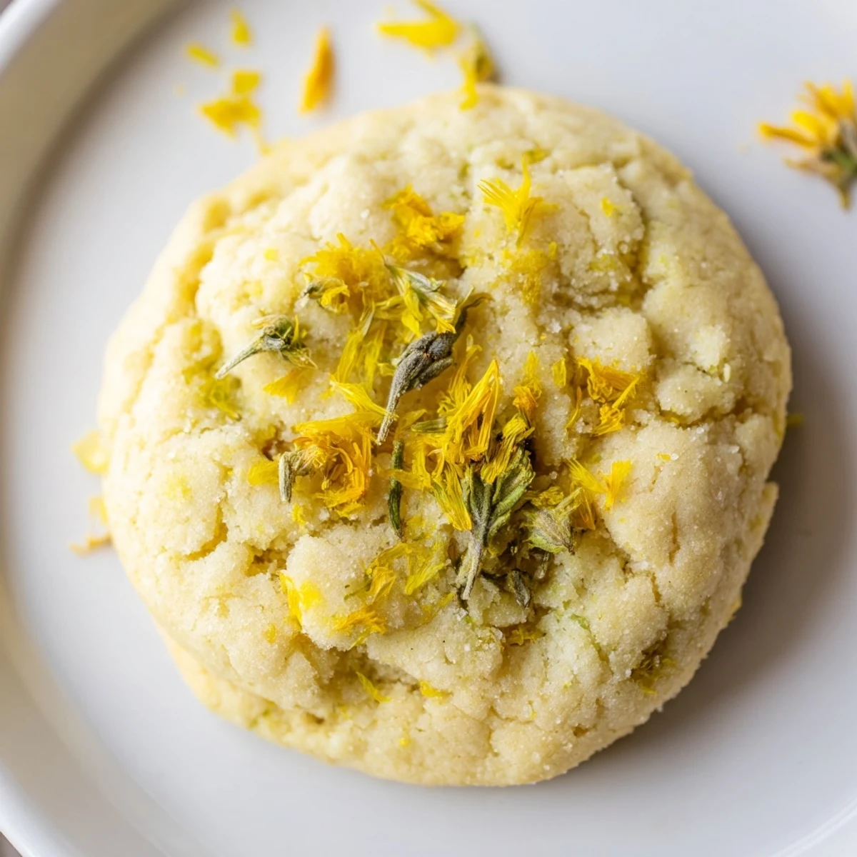 Close-up of Magical Dandelion Cookies Recipe showing delicate yellow petals and sugar.