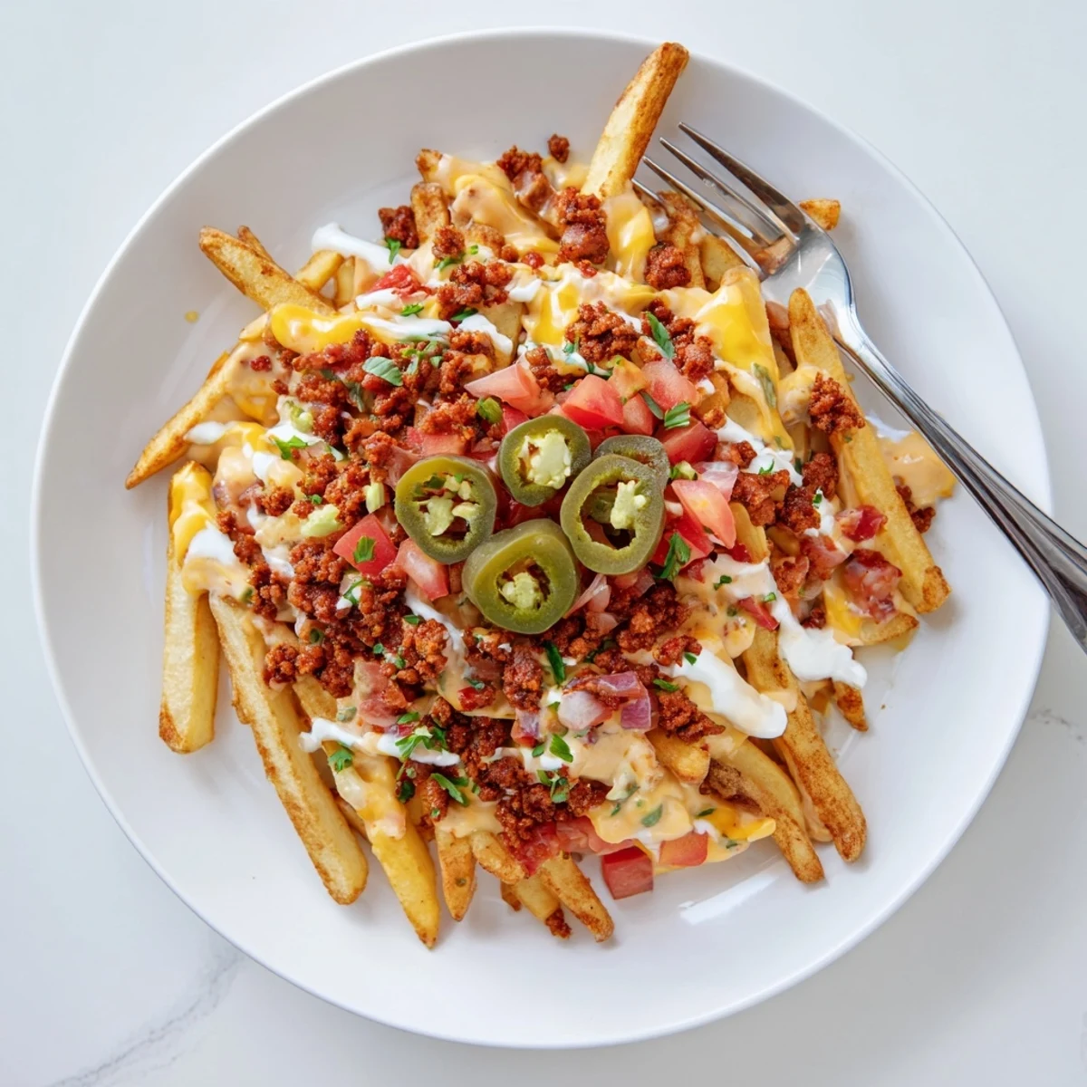 Crispy Chorizo Queso Dip Fries piled hot, gooey cheese and spicy chorizo