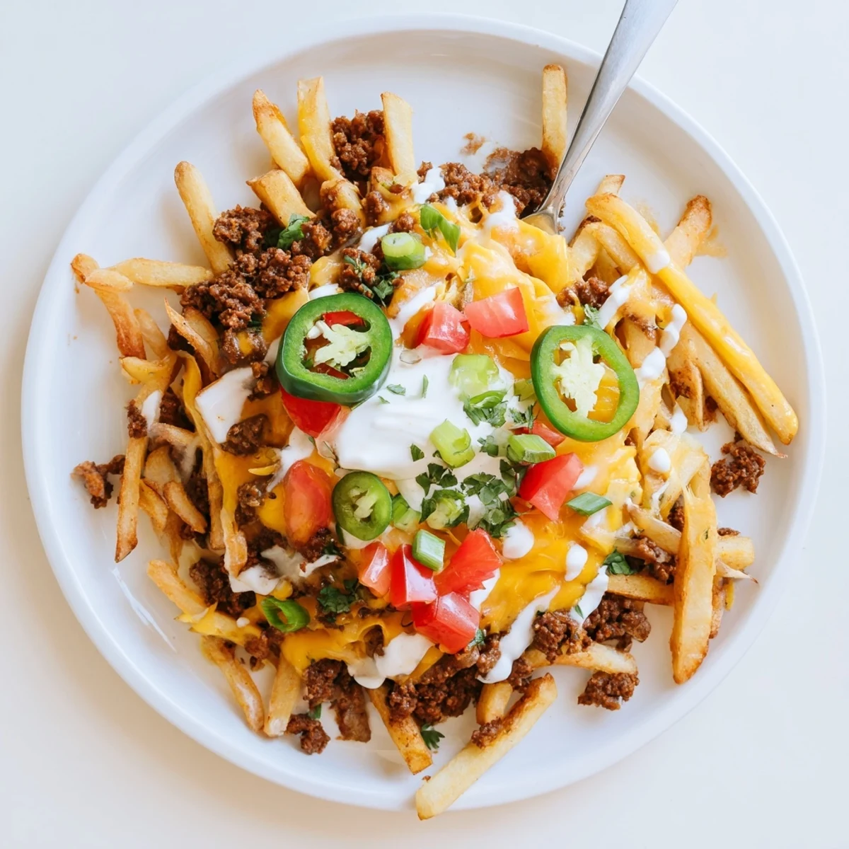 Baked Chorizo Queso Dip Fries on platter, garnished with cilantro and jalapeño