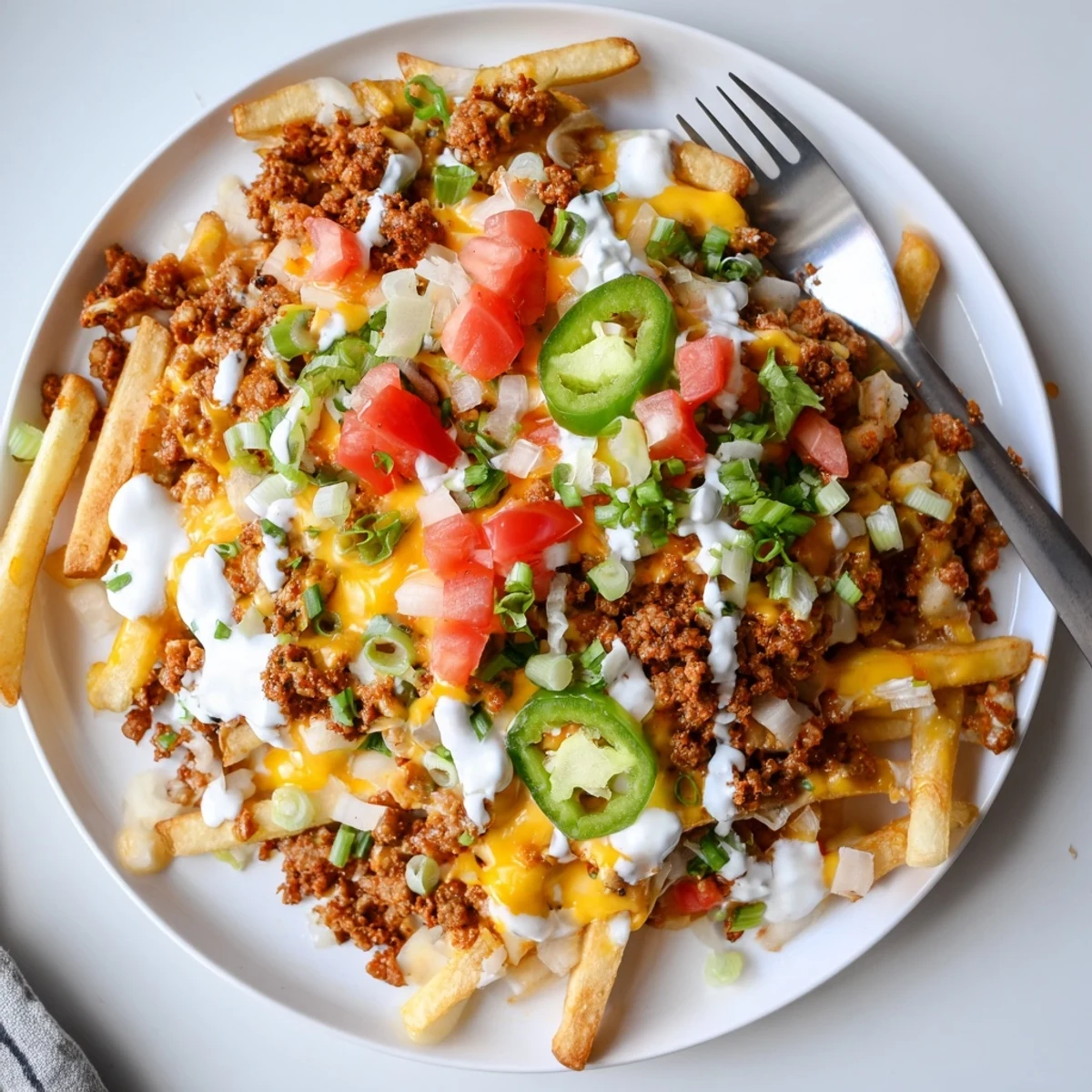 Hearty Chorizo Queso Dip Fries served hot with sour cream and spring onions