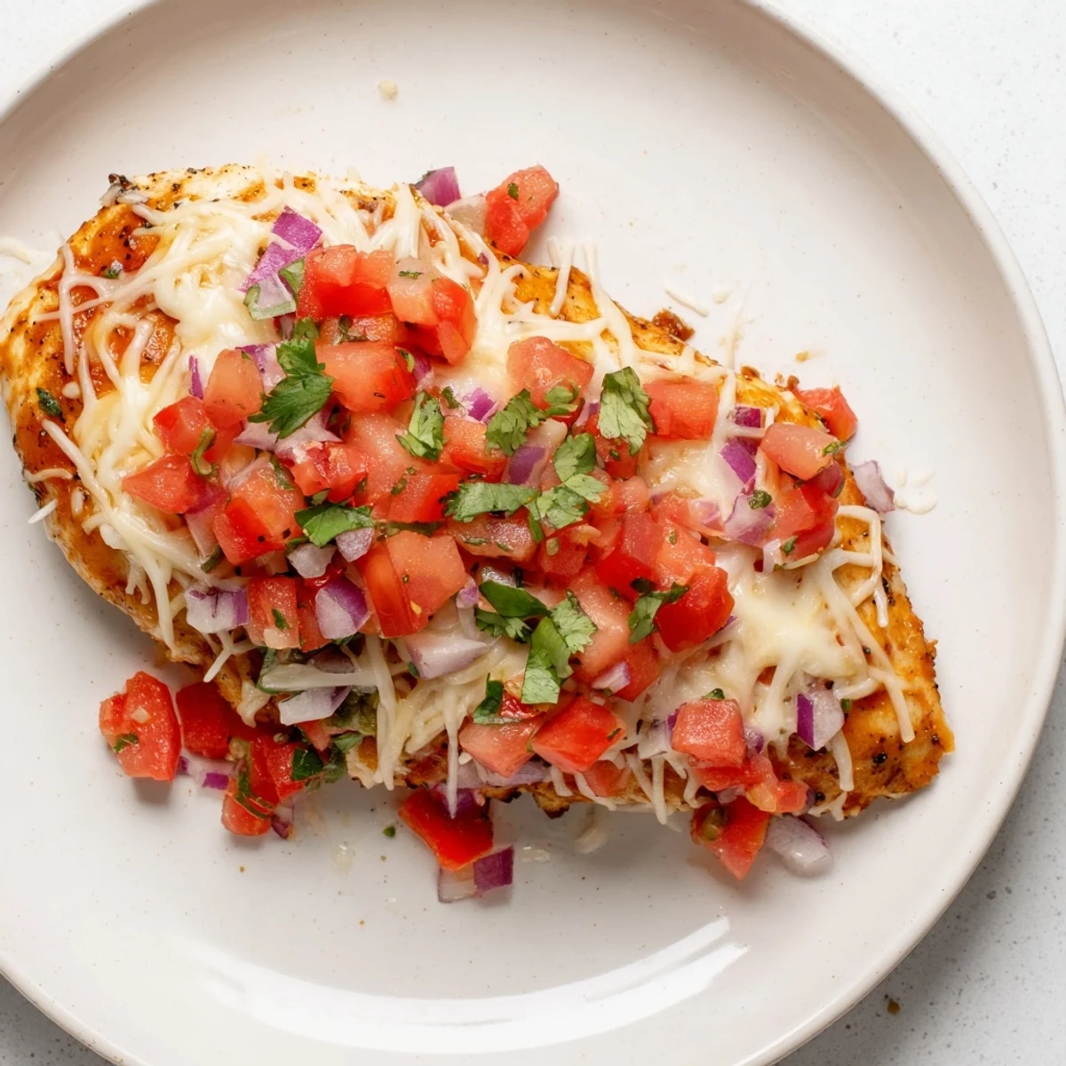 Salsa Fresca Chicken Bake with bubbling cheese, bright tomato salsa, cilantro garnish