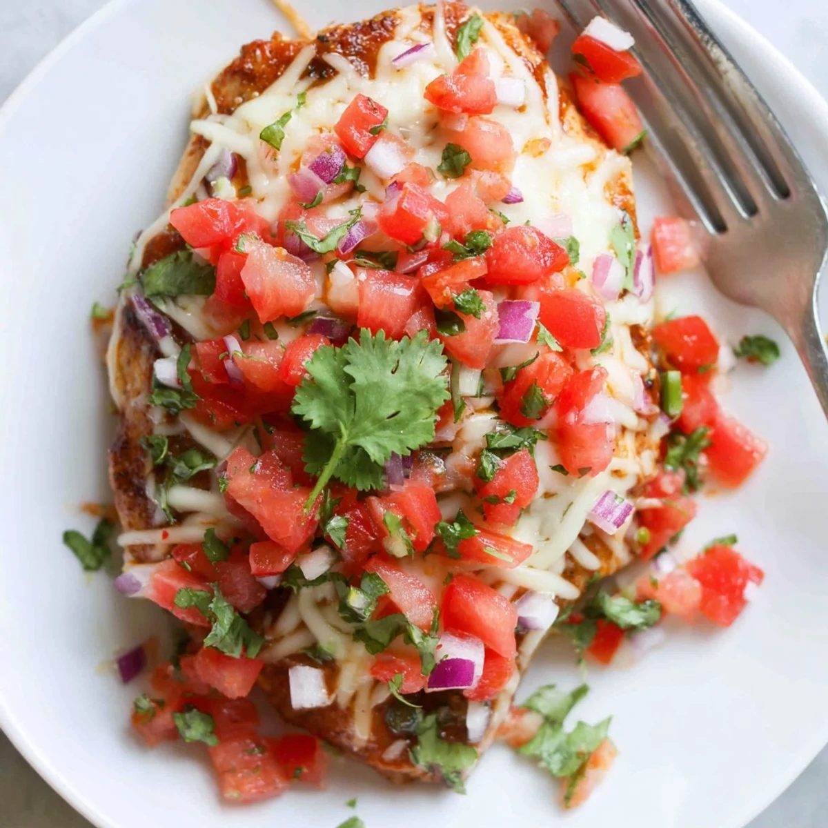 Oven-roasted Salsa Fresca Chicken Bake, juicy breasts topped with zesty lime