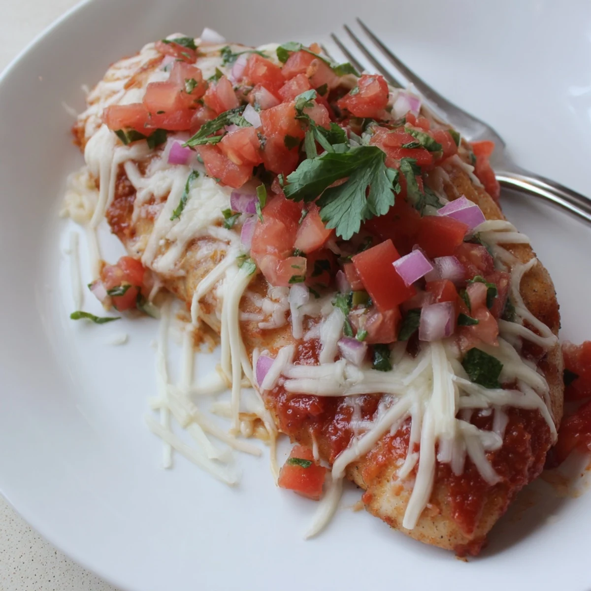 Family-style Salsa Fresca Chicken Bake served over rice, tangy, cheesy, aromatic