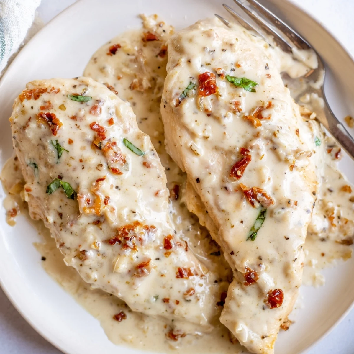 Creamy Dump And Go Crockpot Marry Me Chicken garnished with fresh basil.