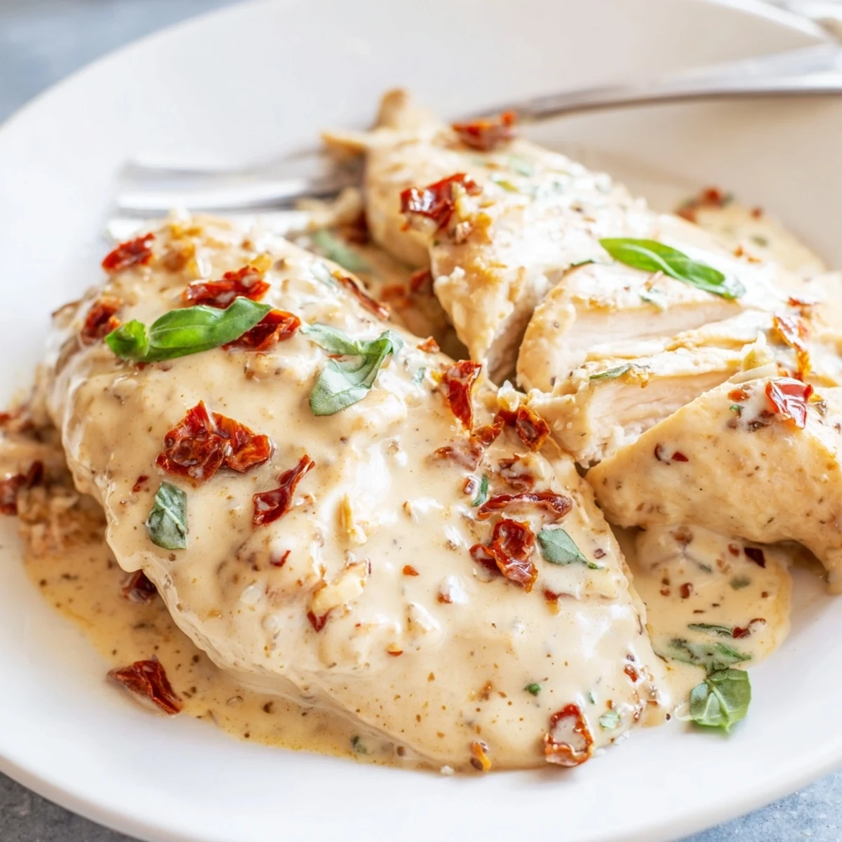 Slow-cooked Dump And Go Crockpot Marry Me Chicken with sun-dried tomatoes, savory sauce.