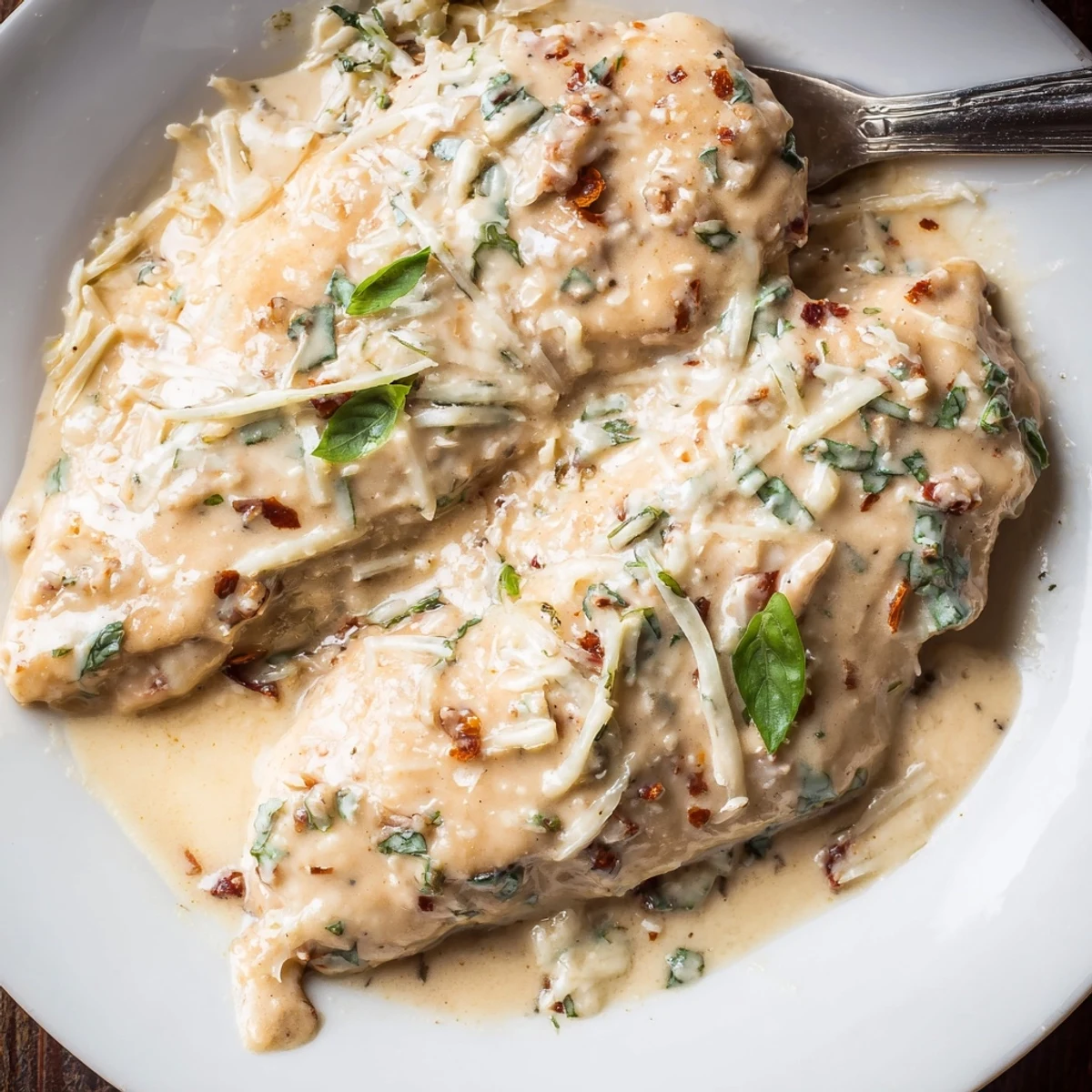 Velvety Dump And Go Crockpot Marry Me Chicken with garlic, sun-dried tomatoes, crusty bread.