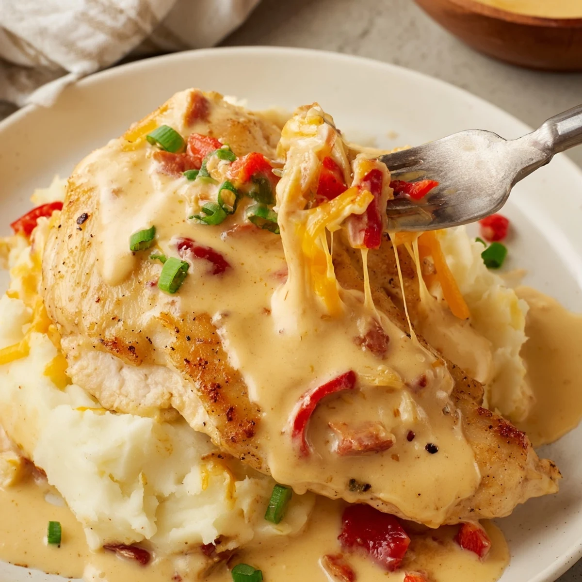Mississippi Mud Chicken plated with creamy smoky sauce over mashed potatoes