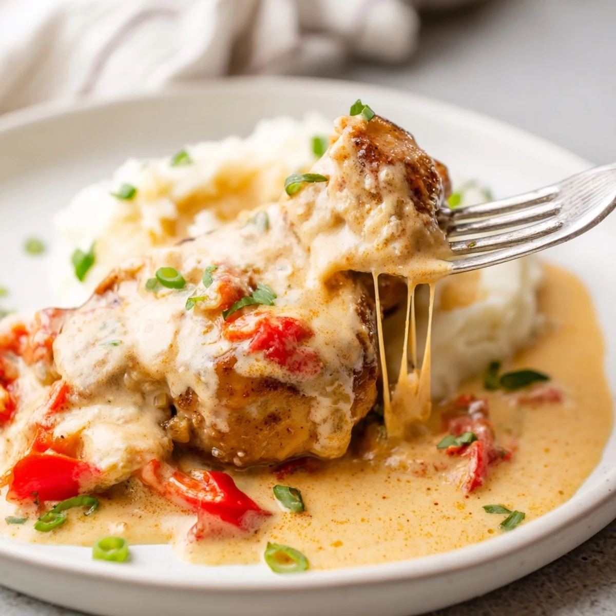 Oven-baked Mississippi Mud Chicken glistening in tangy, buttery, cheese-speckled sauce