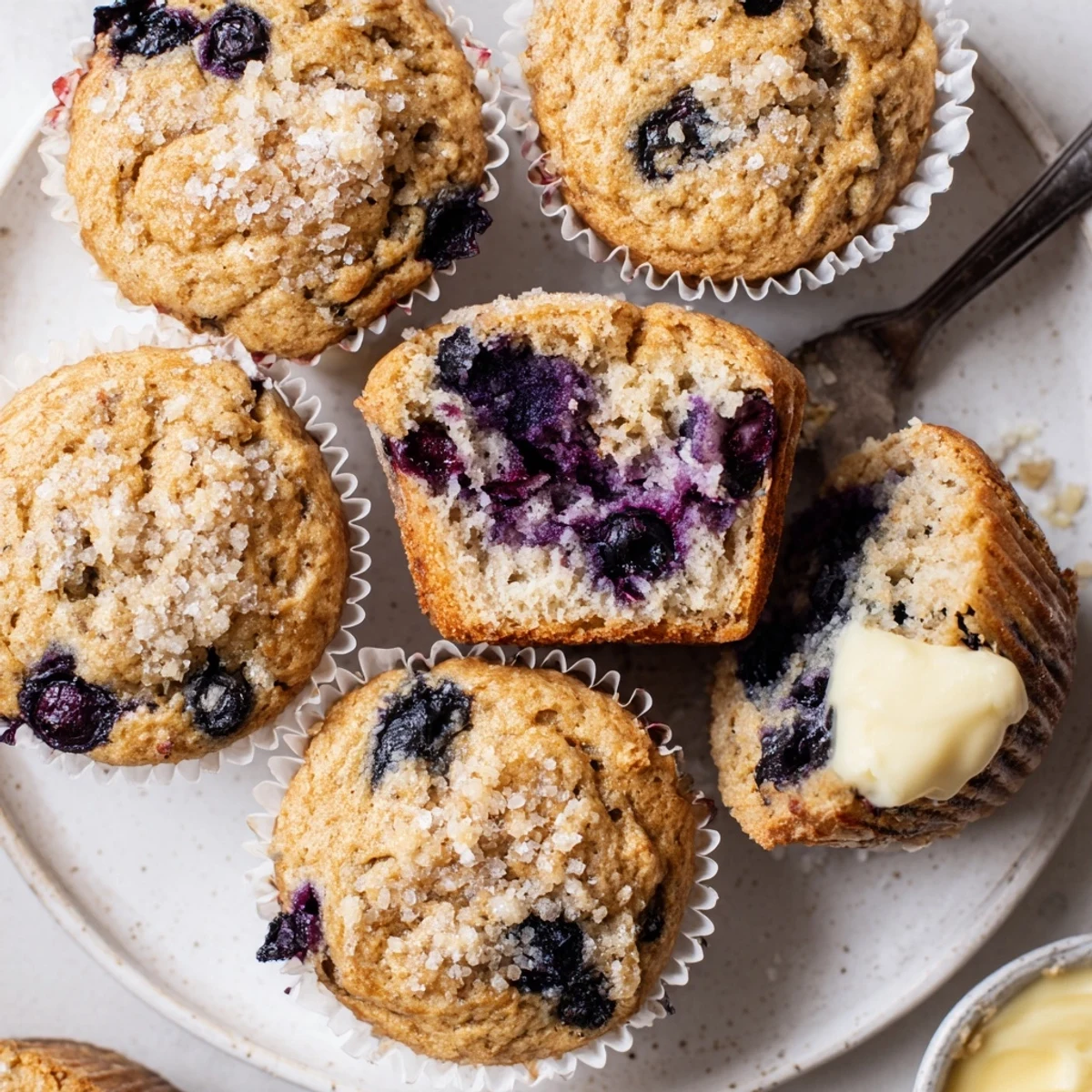 Blueberry Banana Muffins cooling on a wire rack, golden tops bursting with blueberries.