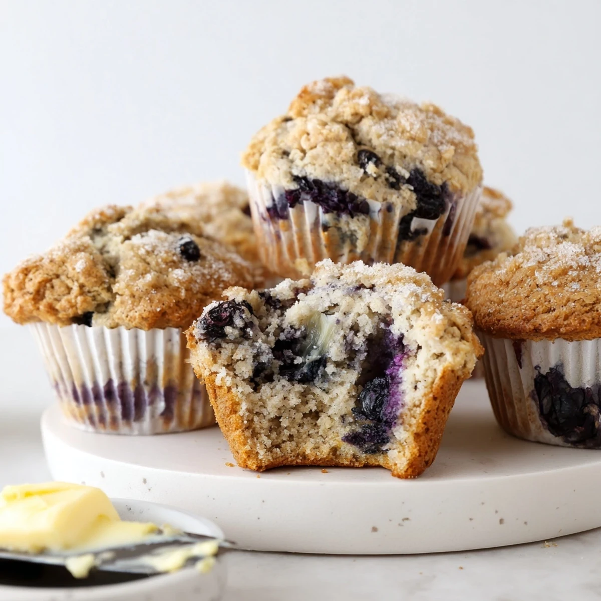 Warm Blueberry Banana Muffins topped with coarse sugar, perfect for breakfast.
