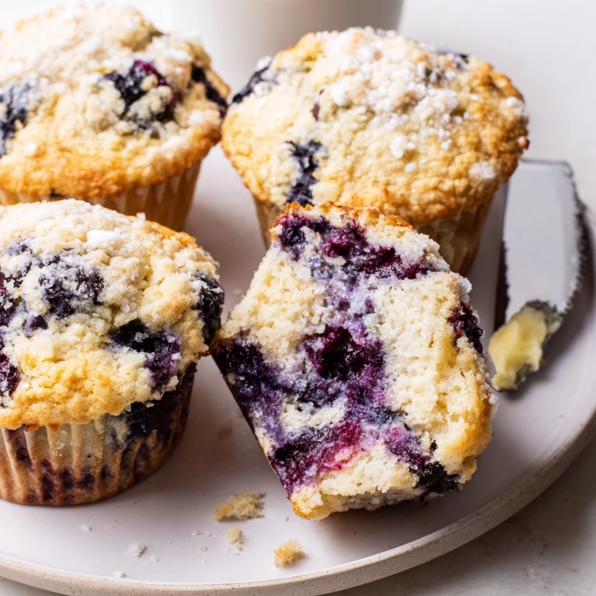 Tray of Blueberry Banana Muffins, tender crumb and sweet banana aroma.