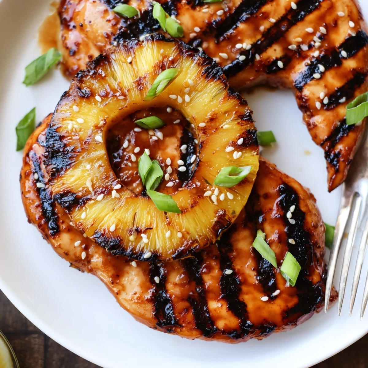 Marinated Grilled Aloha Chicken sizzling on the grill, served with coconut rice.