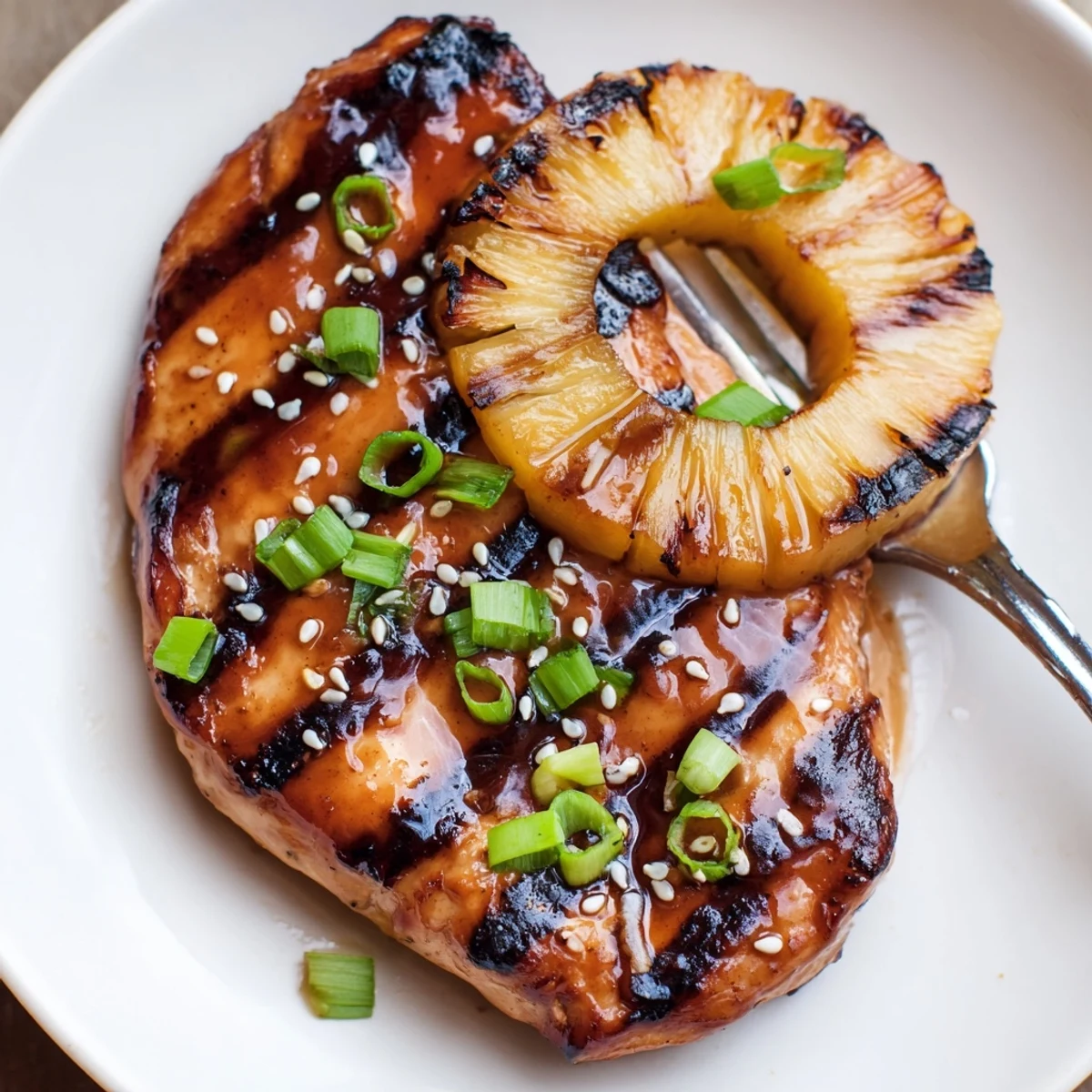 Grilled Aloha Chicken with caramelized pineapple, juicy charred edges and green onions.
