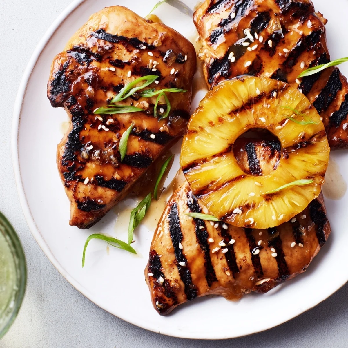 Plate of Grilled Aloha Chicken topped with sesame seeds and tangy pineapple.