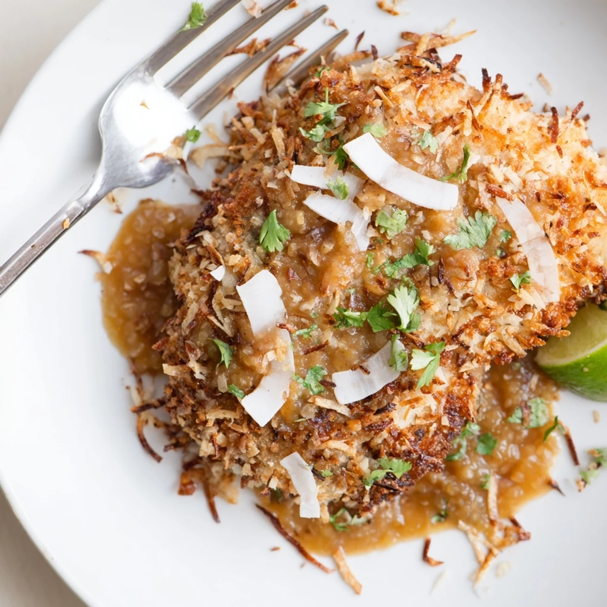 Coconut Chicken With Apricot Sauce: golden crispy crust, glossy sauce drizzled, lime wedge
