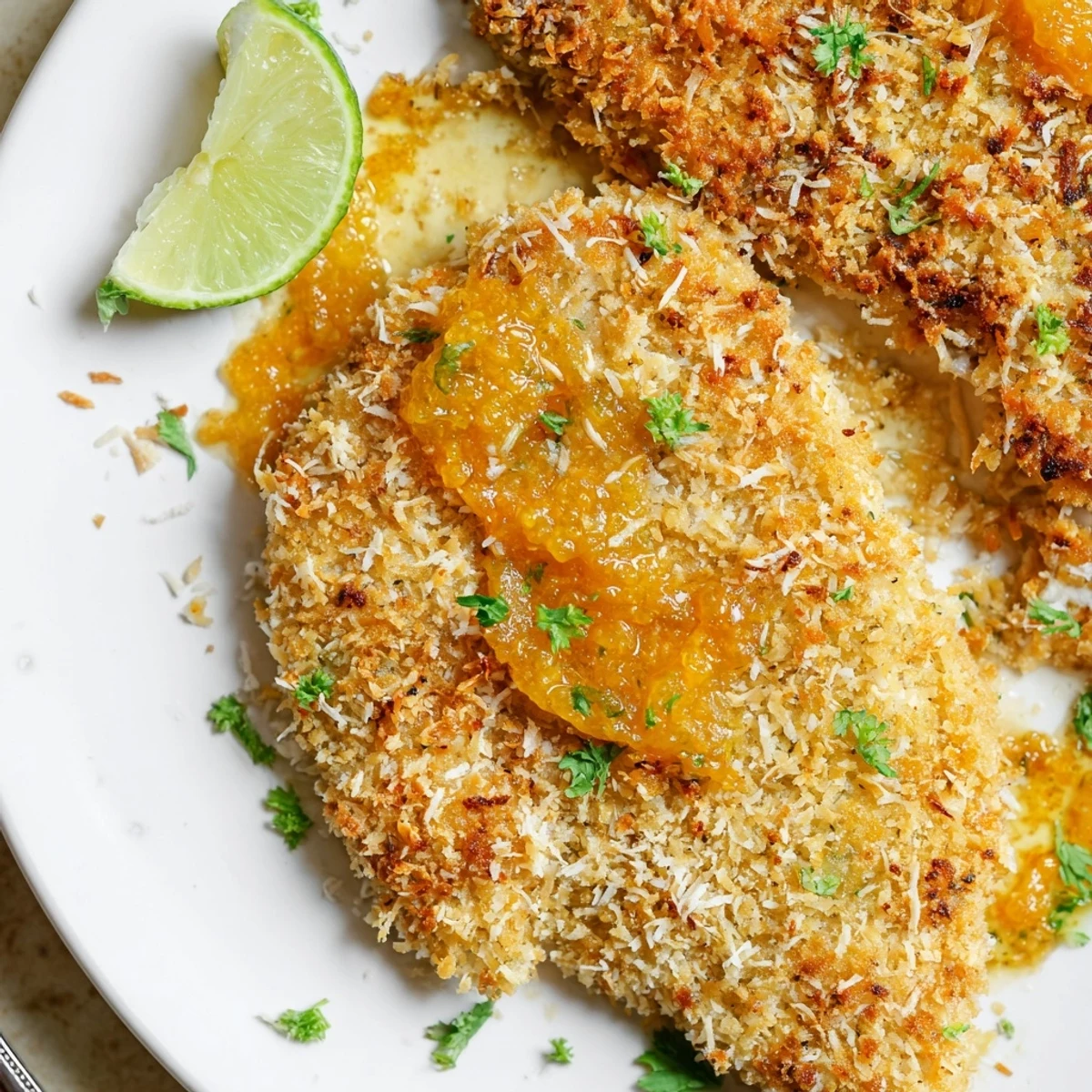 Pan-seared Coconut Chicken With Apricot Sauce atop jasmine rice, toasted coconut flakes