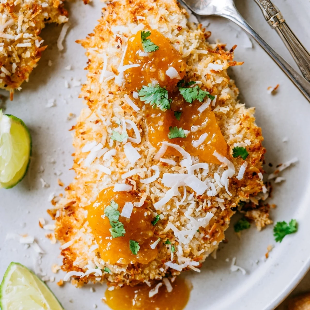 Sweet-tangy Coconut Chicken With Apricot Sauce served hot, juicy interior, zesty lime