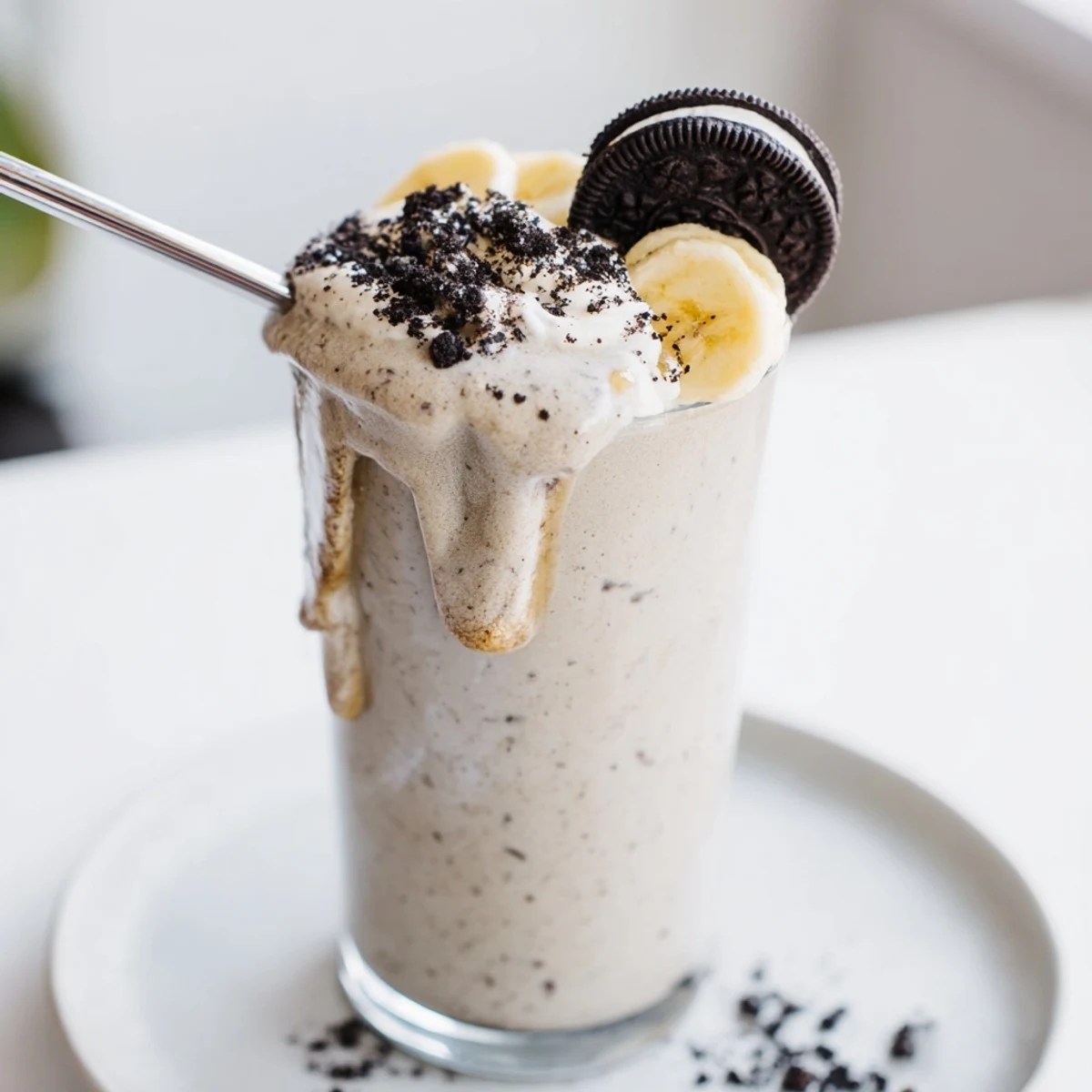 Post-workout Cookies And Cream Protein Shake topped with whipped cream and cookie bits