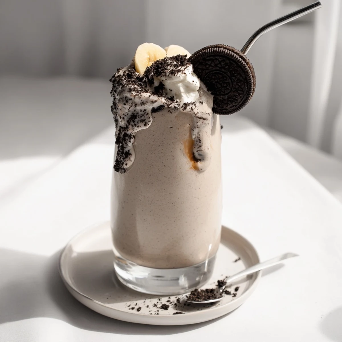 Frosty Cookies And Cream Protein Shake poured into glass, straw and chilled rim