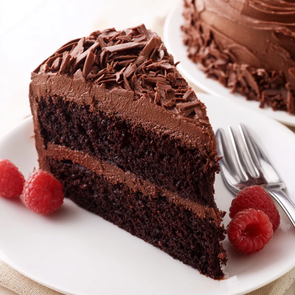 Chocolate Cake Recipe: moist layers frosted thickly, sliced on a wooden board