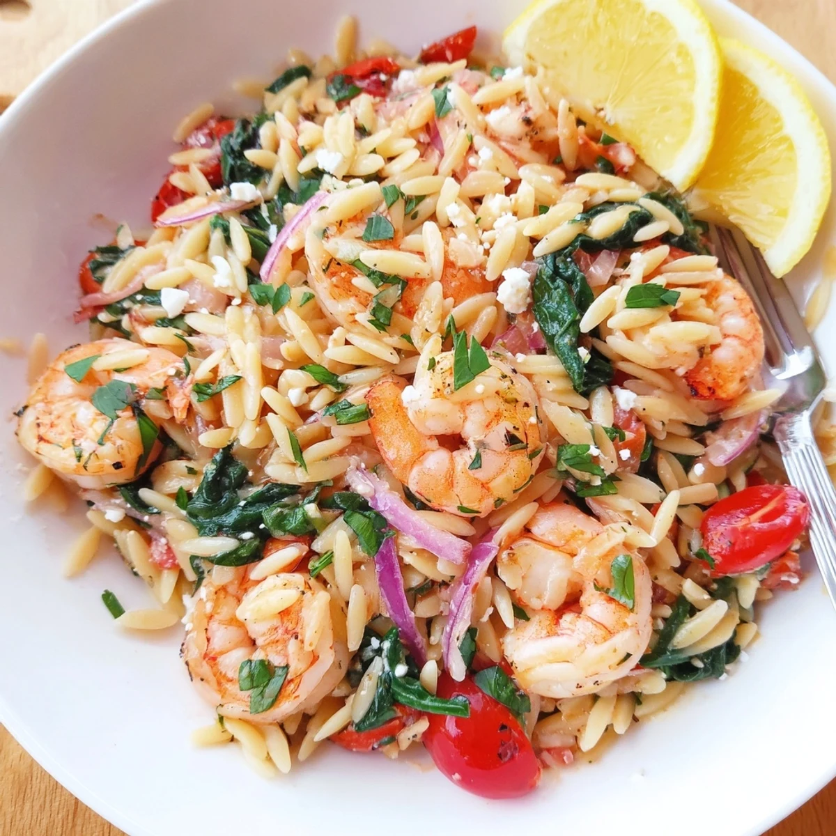 Close up of Lemon Feta Orzo Shrimp Recipe with tender shrimp, zesty lemon.