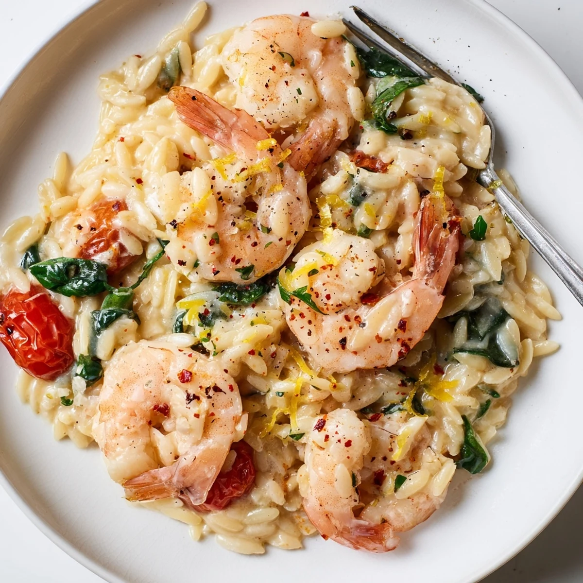 Creamy Shrimp Orzo Recipe plated steaming with tender shrimp and silky cream