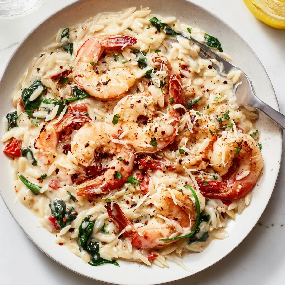 Weeknight Creamy Shrimp Orzo Recipe served hot, wilted spinach and Parmesan