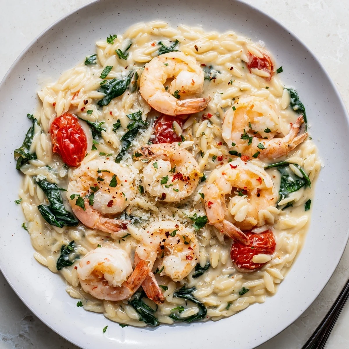 Warm Creamy Shrimp Orzo Recipe in skillet, garlic aroma and lemon zest