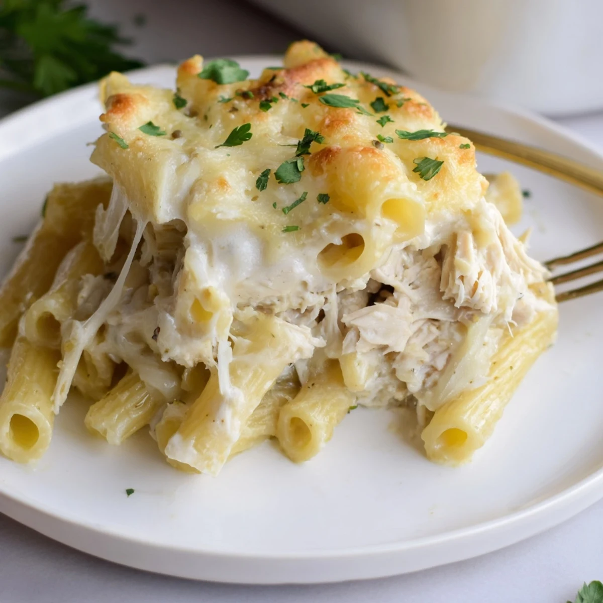 Creamy Chicken Alfredo Bake With Mozzarella Crust with golden bubbly top, steam rising
