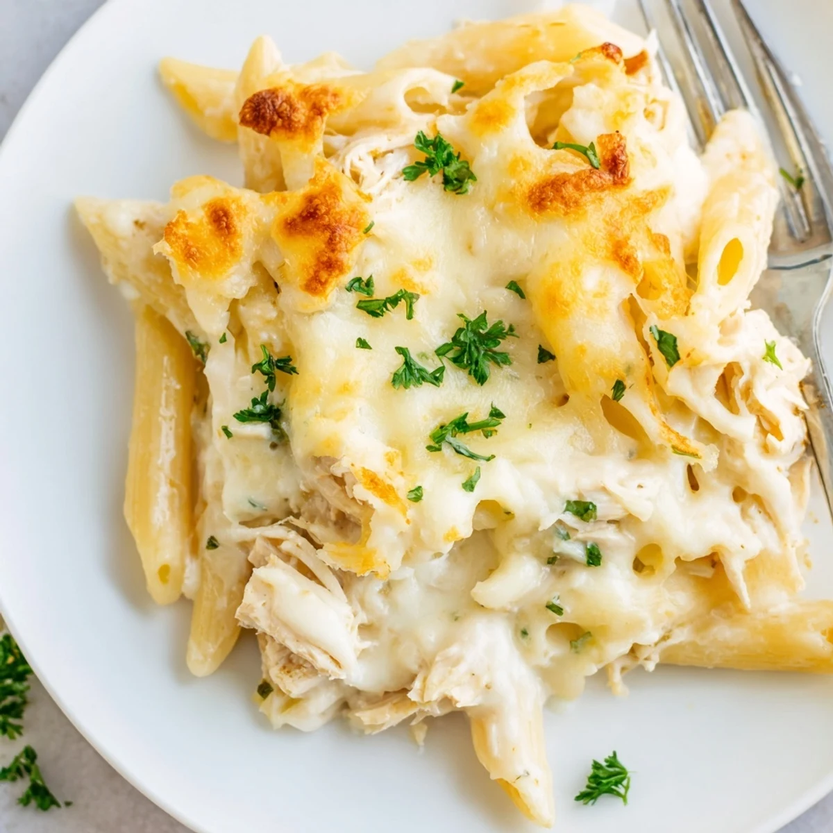 Baked family style, Creamy Chicken Alfredo Bake With Mozzarella Crust paired with salad