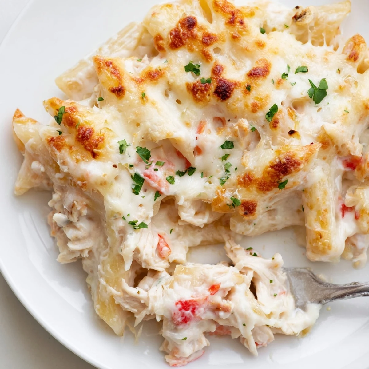 Portion revealing gooey cheese, tender chicken in Creamy Chicken Alfredo Bake With Mozzarella Crust