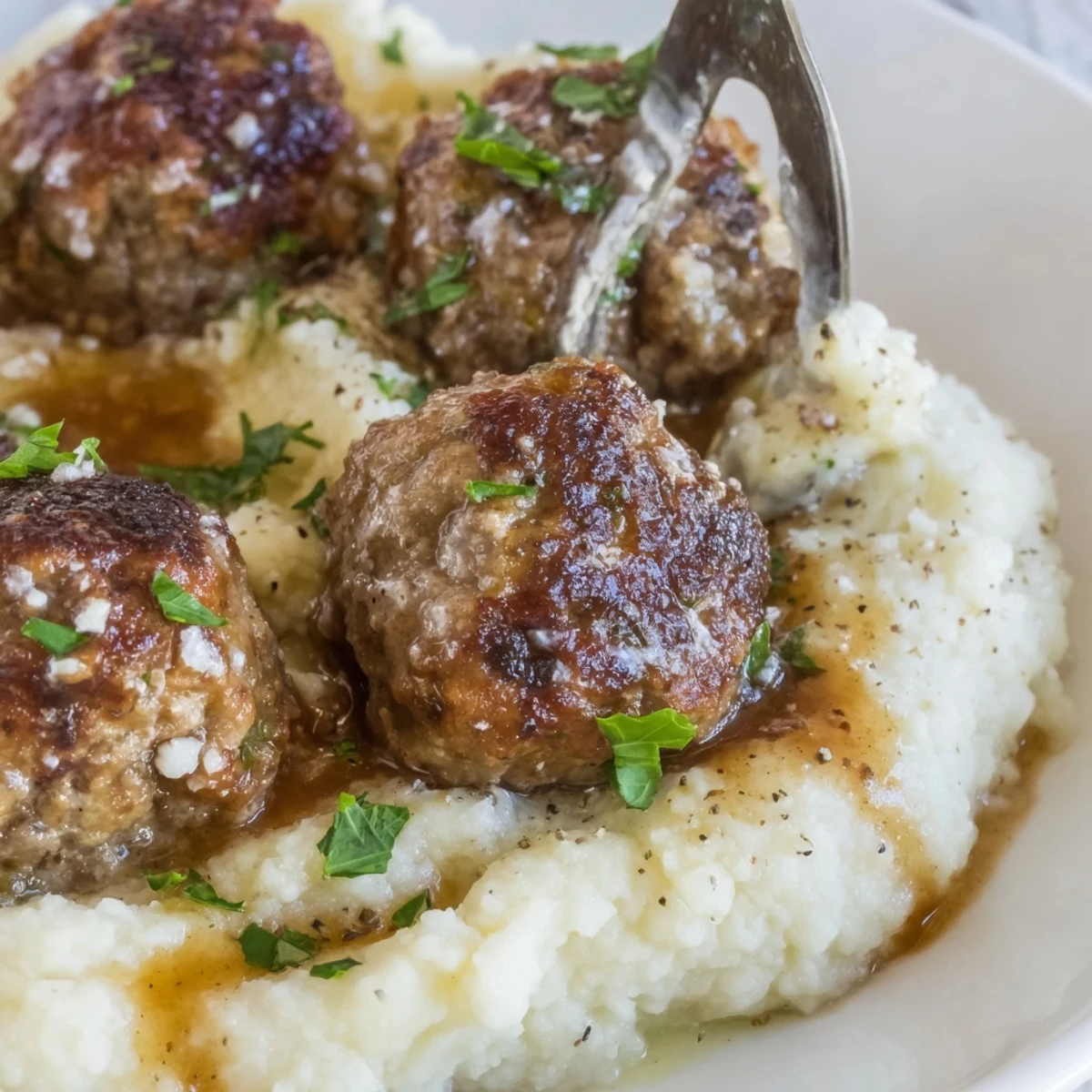 Crockpot Meatballs Gravy simmering with tender beef meatballs in silky brown sauce