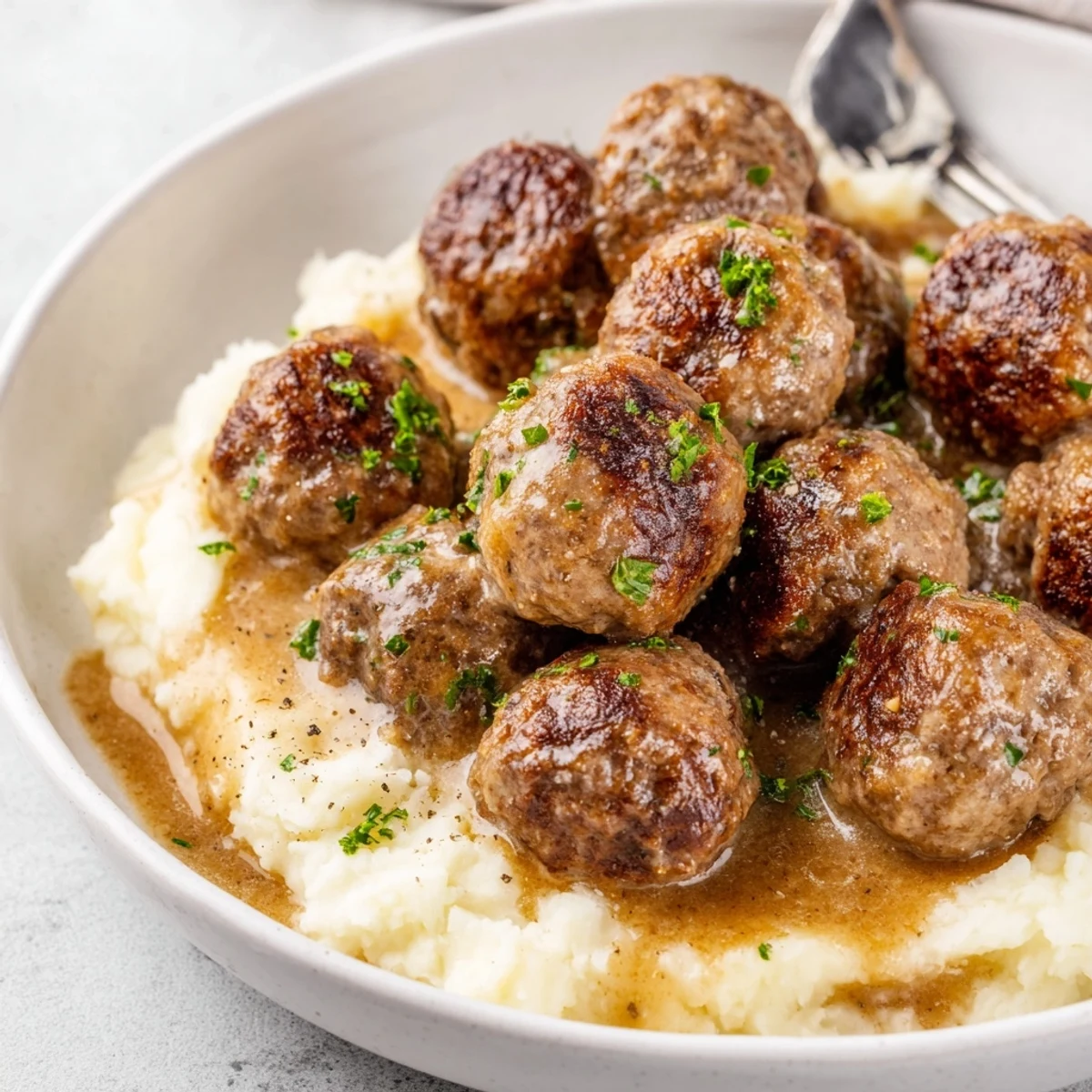 A bowl of Crockpot Meatballs Gravy ladled over creamy mashed potatoes