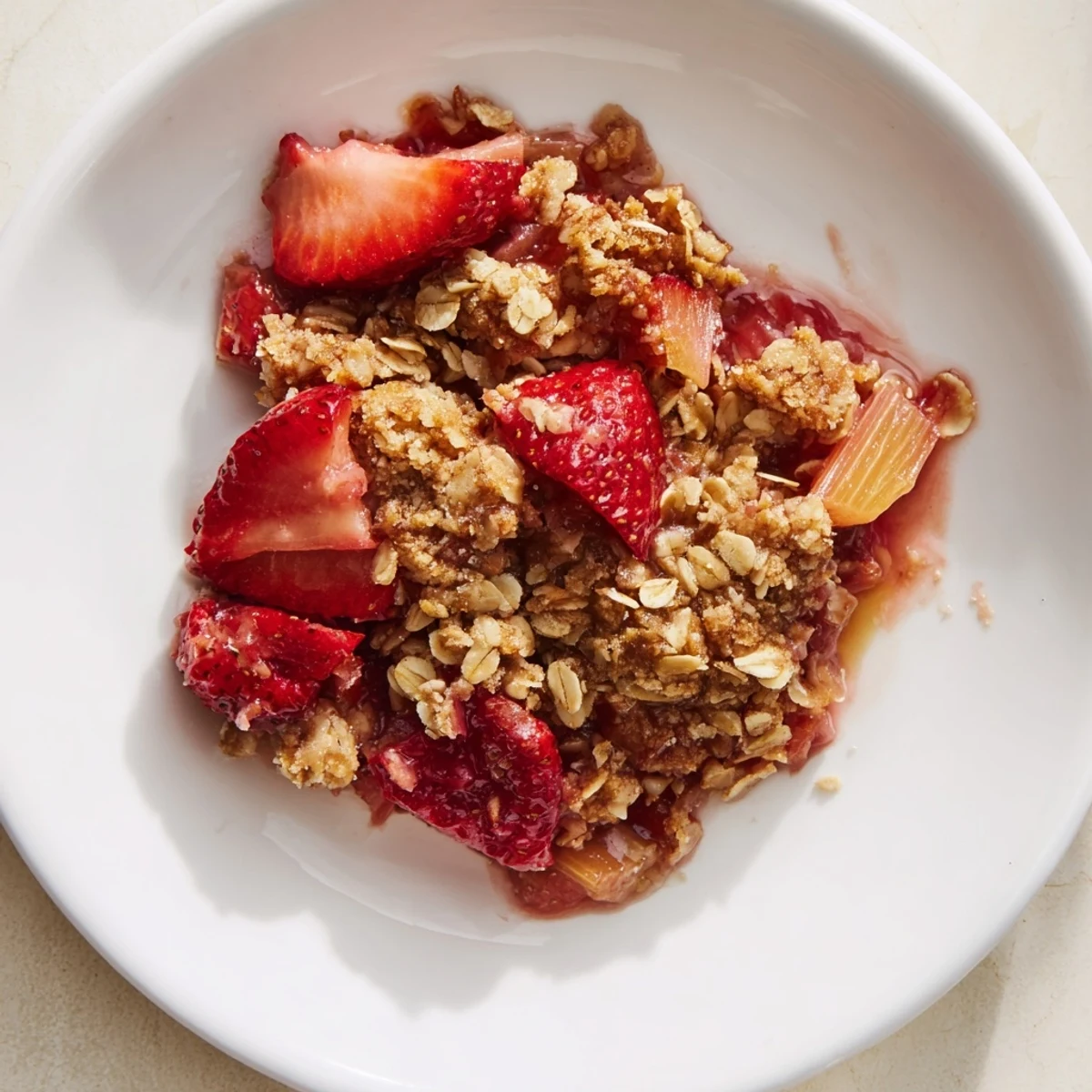 Warm Strawberry Rhubarb Crisp Recipe bubbling with glossy fruit and golden oat topping