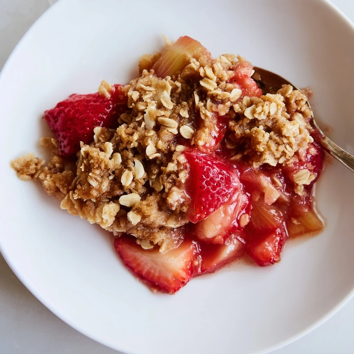 Topped with melting vanilla ice cream, Strawberry Rhubarb Crisp Recipe emits steam