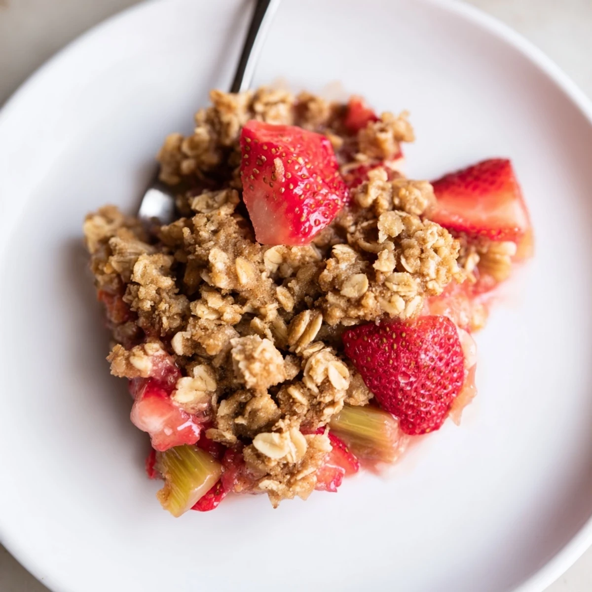 Homestyle Strawberry Rhubarb Crisp Recipe shows buttery oat crumble, tart-sweet aroma