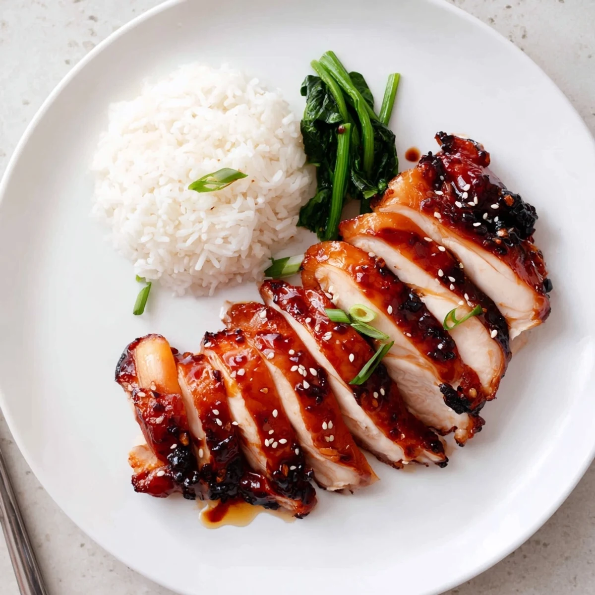 Char Siu Chicken glazed glossy red-brown, sliced and resting on rice  