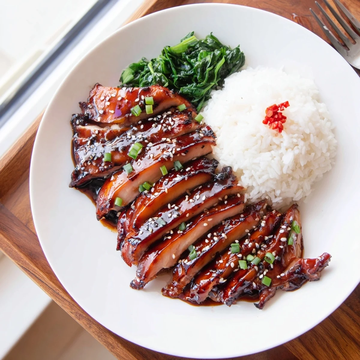 Slices of Char Siu Chicken arranged beside steamed jasmine rice, fragrant