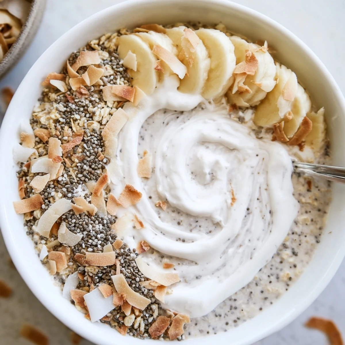 Coconut Cream Pie Overnight Oats topped with toasted coconut and banana