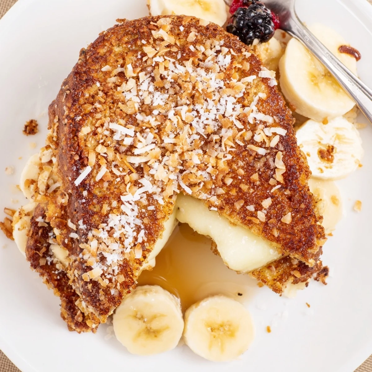 Coconut Crusted French Toast stacked, golden edges, coconut flakes glistening, maple syrup.