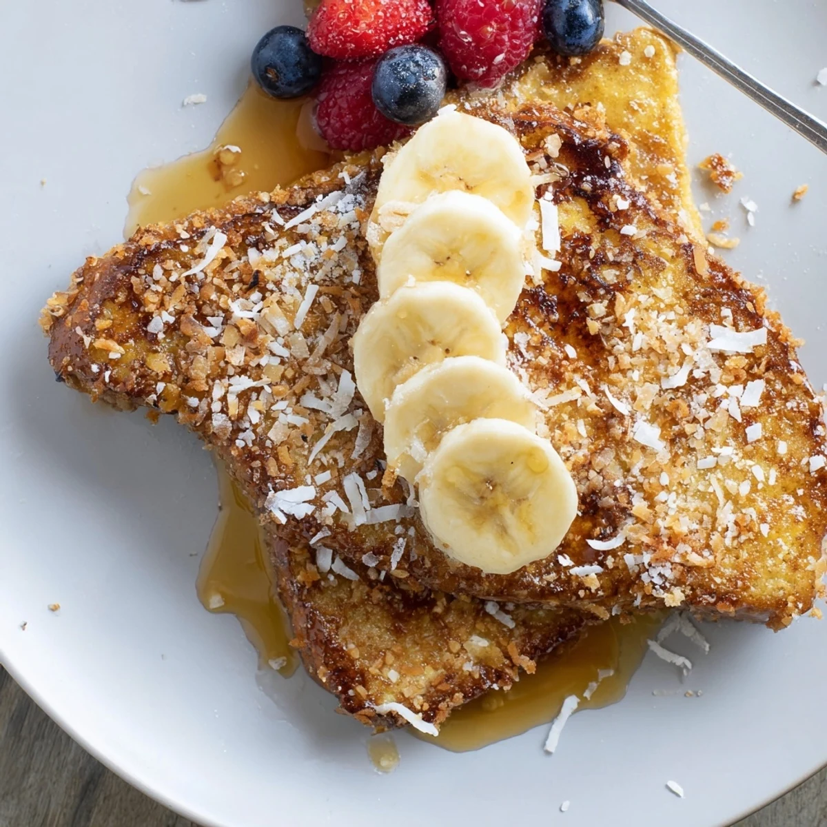 Thick brioche Coconut Crusted French Toast, custardy center revealed, powdered sugar dust.