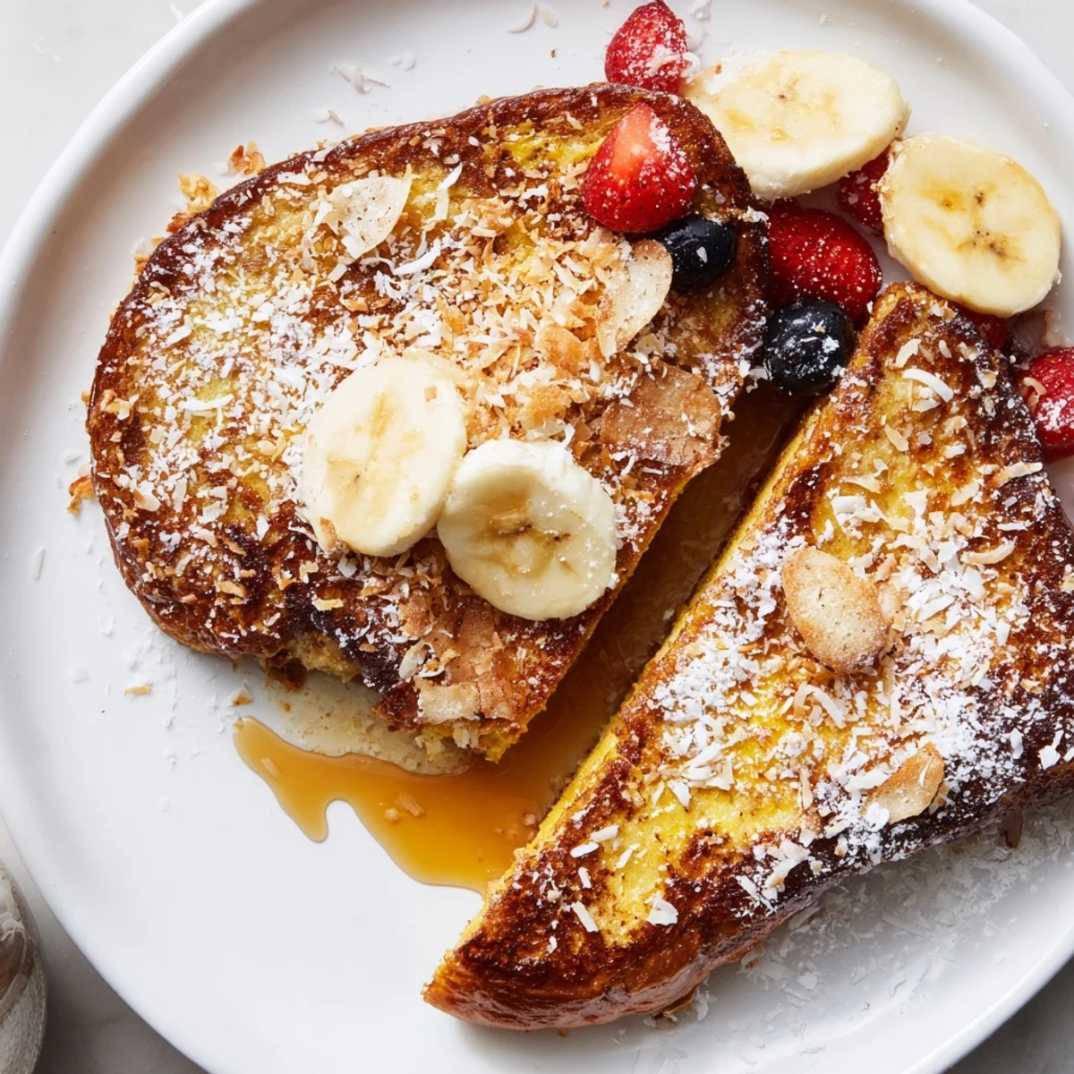 Warm Coconut Crusted French Toast with sizzling buttery crust, berries on plate.