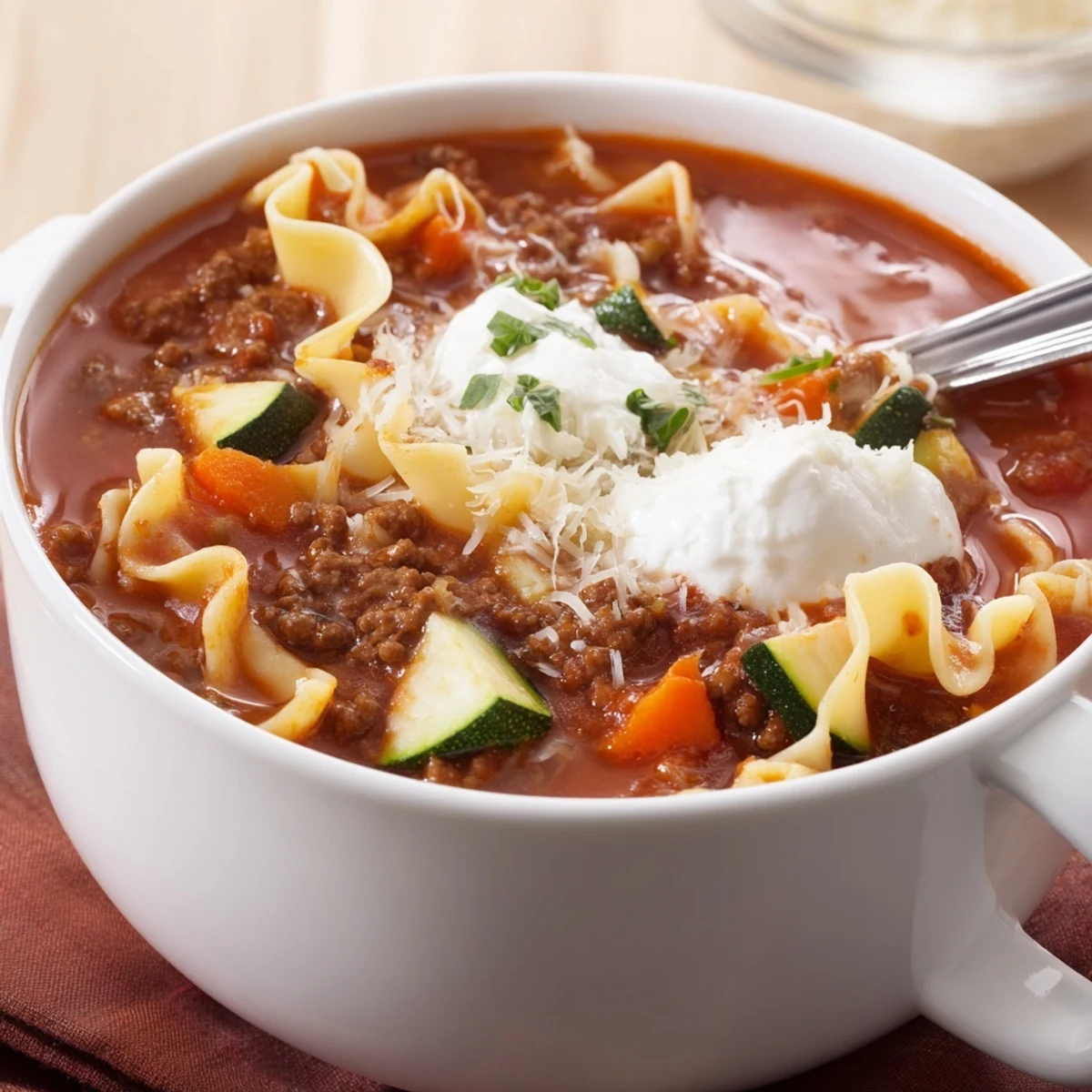 One Pot Lasagna Soup steaming in bowl, tomato aroma, melted cheeses and basil.