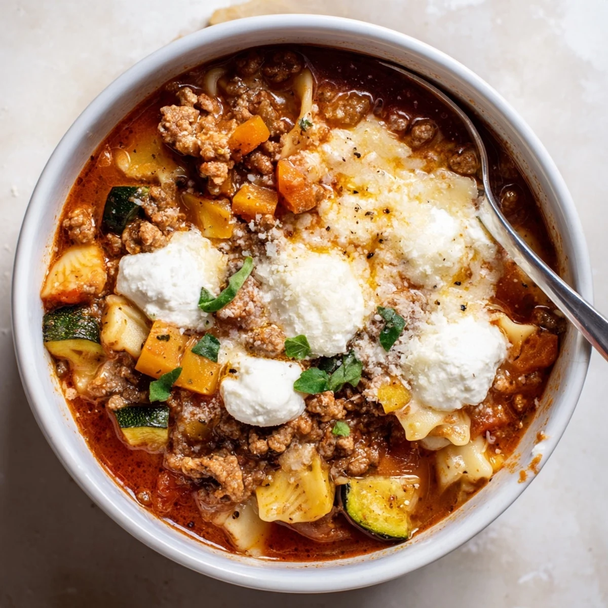 Hearty One Pot Lasagna Soup ladled over crusty bread, savory meat and noodles.